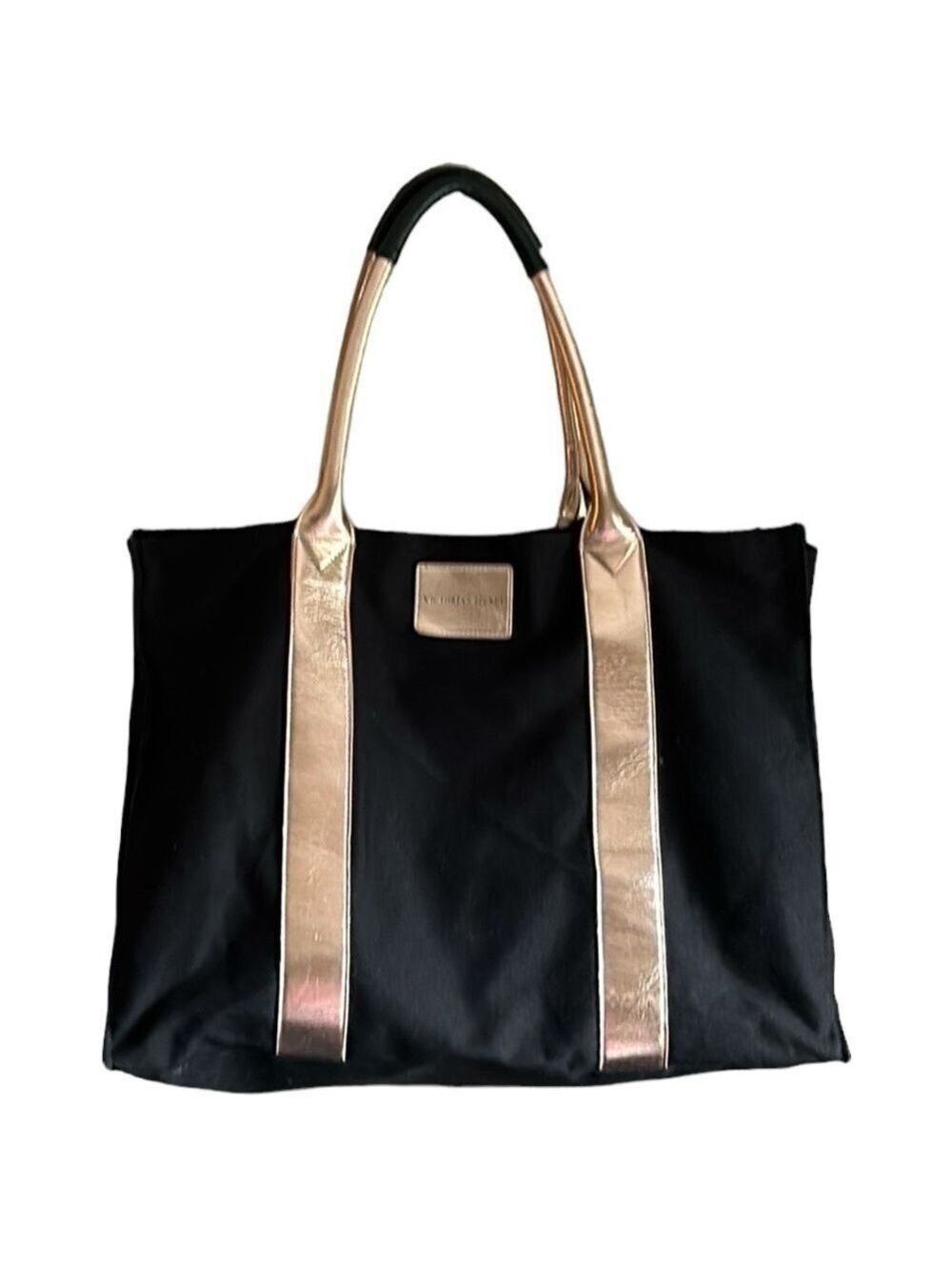 Victoria’s Secret The Weekender Black Canvas Travel Tote Rose Gold Shoulder Bag